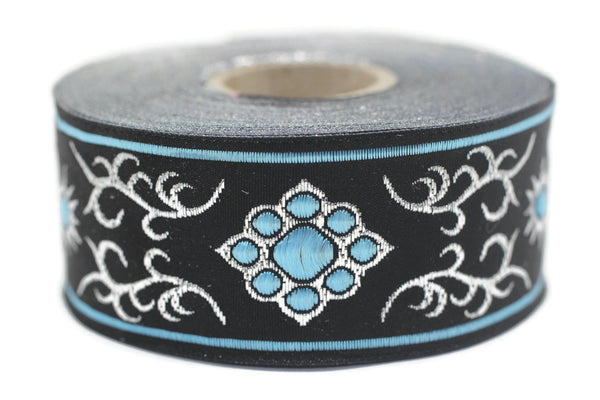 35 mm Cat Paw Blue/Black jacquard ribbons (1.37 inches), native american embroidered trim, woven trim, jacquard trim, woven border 35806