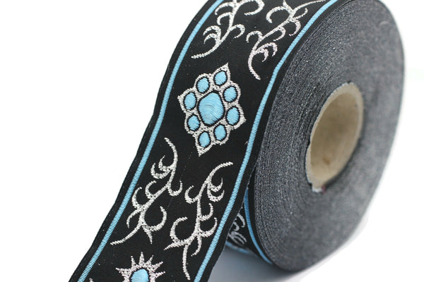 35 mm Cat Paw Blue/Black jacquard ribbons (1.37 inches), native american embroidered trim, woven trim, jacquard trim, woven border 35806