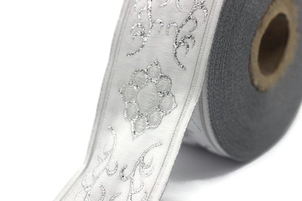 35 mm Cat Paw Grey jacquard ribbons (1.37 inches), native american embroidered trim, woven trim, woven jacquards, woven border, 35806