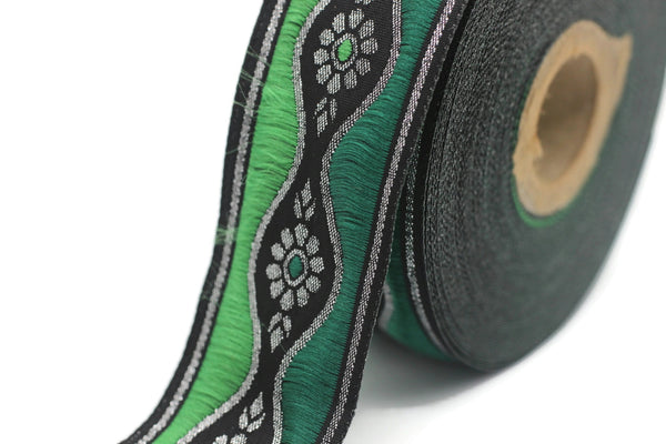 35mm Green Royal Blossom ribbon (1.37 inches), Flower Embroidered Ribbon, Great for Home Decor, Craft Supply, Jacquard ribbon, Trim, 35924