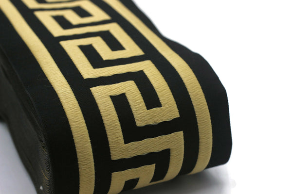 16.4 Yrd 100mm Black & Gold Greek Key Ribbons (3.93 inc, Meander Jacquard Trim, Drapery Trim Tape, Curtain Making Upholstery Fabric 197 V8