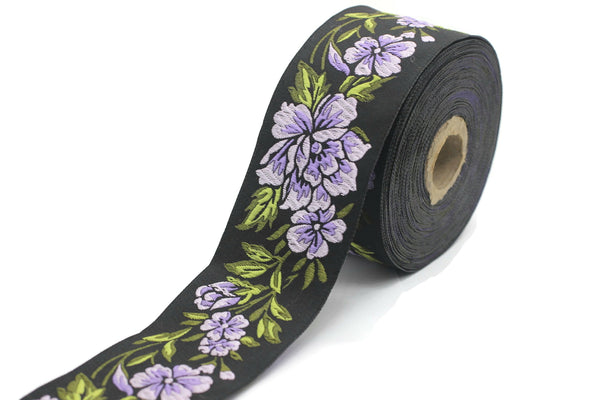 50 mm Lilac / Black Floral Jacquard trim (1.96 inches), vintage Ribbon, Decorative Craft Ribbon, Floral Jacquard Ribbon, Trim, 50096