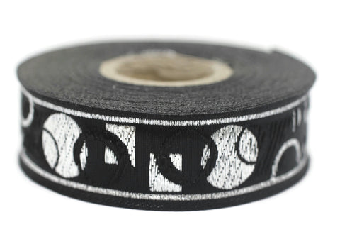 22 mm Circle metallic Black/Silver jacquard ribbons 0.86 inches - Renaissance  embroidered trim -  woven trim, woven border, 22076