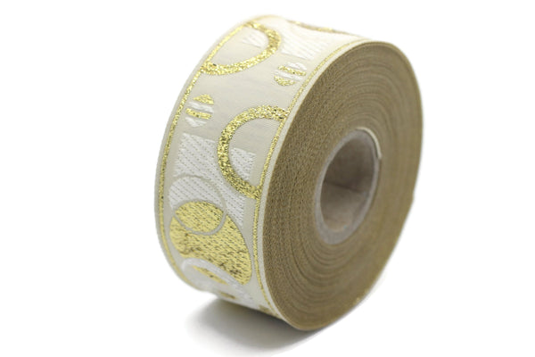 35 mm Circle Cream&Gold ribbons, Jacquard ribbons (1.37 inches), embroidered ribbon, Jacquard trim, ribbon trim, sewing trims, 35076