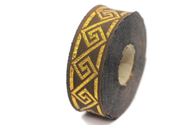 25 mm Brown Gold Greek Key ribbons (0.98 inches), ribbon trim, otantic ribbon, jacquard ribbons, vintage trim, geometric ribbons