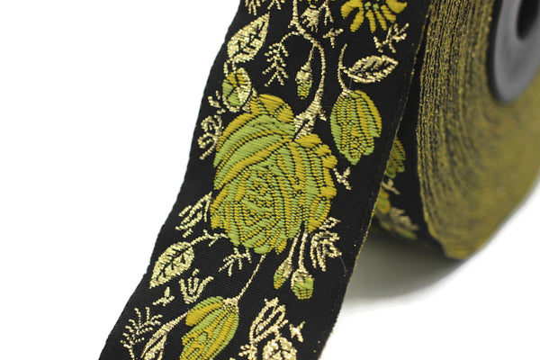 35 mm Yellow / Black Floral Jacquard trim (1.37 inches), Rose emboried Ribbon, Decorative Craft Ribbon, Jacquard Ribbon Trim, 35089