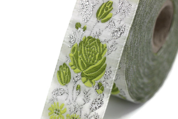 35 mm Green / White Floral Jacquard trim (1.37 inches), vintage Ribbon, Decorative Craft Ribbon, Floral Jacquard Ribbon Trim, 35089
