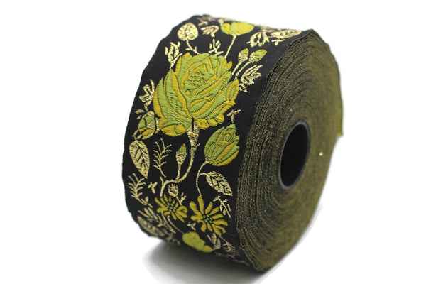 50 mm Yellow / Black Floral Jacquard trim (1.96 inches) rose embroried Ribbon, Decorative Craft Ribbon, Jacquard Ribbon Trim, 50089