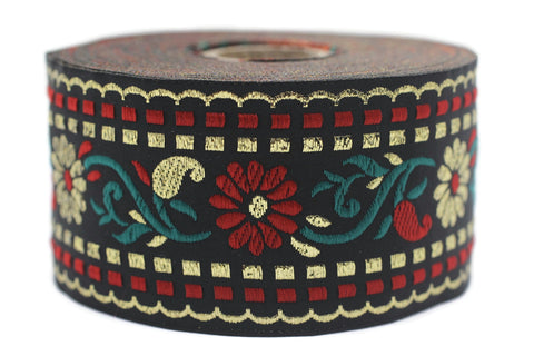 50 mm Black / Red Floral Jacquard trim (1.96 inches), vintage Ribbon, Craft Ribbon, Floral Jacquard Ribbon Trim, Ribbon by the yards, 50095