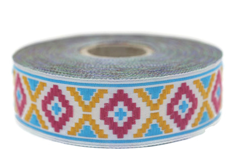 25 mm Blue/Pink Geometric Diamond Jacquard trim (0.98 inches), Decorative Craft Ribbon, Sewing Trim, Jacquard ribbon, woven ribbons, 25914