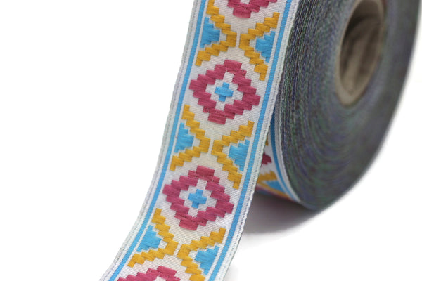 25 mm Blue/Pink Geometric Diamond Jacquard trim (0.98 inches), Decorative Craft Ribbon, Sewing Trim, Jacquard ribbon, woven ribbons, 25914