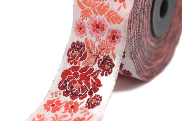 35 mm Red Floral Embroidered ribbon (1.37 inches), Vintage Jacquard, Floral ribbon, Sewing trim, Jacquard trim, Jacquard ribbon, 35097