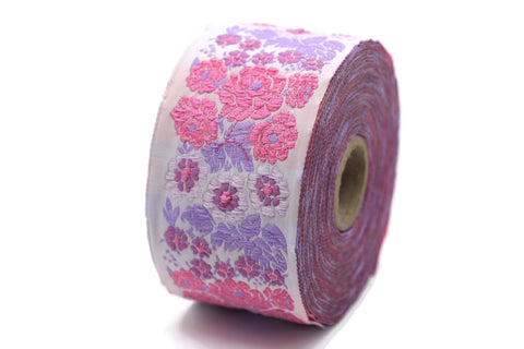 50 mm Pink Floral Embroidered ribbon (1.96 inches, Vintage Jacquard, Floral ribbon, Sewing trim, Jacquard trim, Jacquard ribbon, 50097