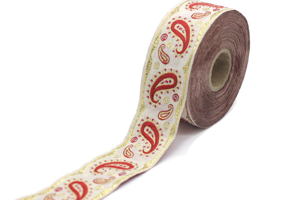 35 mm Red Water Drop Jacquard Trims (1.37 inches), Embroidered Trims, Drop ribbon, Woven Ribbon, Jacquard Ribbons, Sewing Trims, 35807