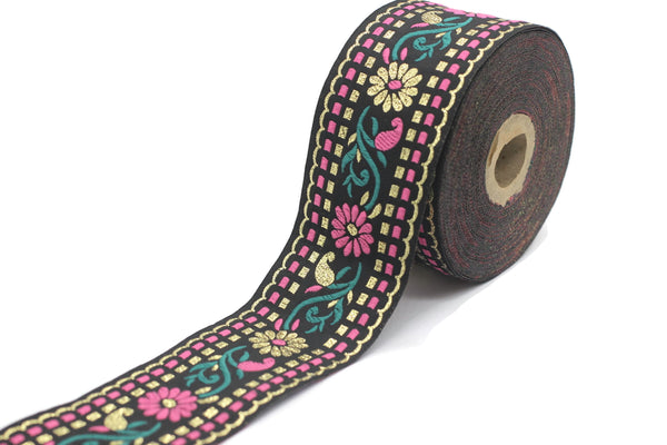 50 mm Pink/ Black Floral Jacquard trim (1.96 inches, vintage Ribbon, Craft Ribbon, Floral Jacquard Ribbon Trim, Ribbon by the yards, 50095