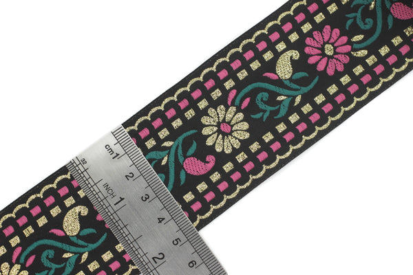 50 mm Pink/ Black Floral Jacquard trim (1.96 inches, vintage Ribbon, Craft Ribbon, Floral Jacquard Ribbon Trim, Ribbon by the yards, 50095
