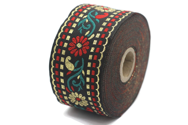50 mm Black / Red Floral Jacquard trim (1.96 inches), vintage Ribbon, Craft Ribbon, Floral Jacquard Ribbon Trim, Ribbon by the yards, 50095