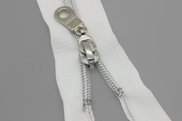 Coats Silver Teeth Metal White Zippers, Open Bottom, 120 cm (47 inches) Zipper, Jacket Zipper, Dress Zipper, Coat Zipper, Cardigan Zipper