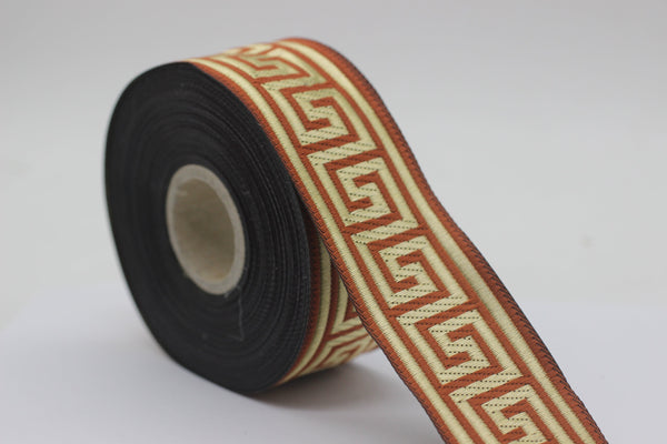 35 mm Tan Greek Key ribbons (1.37 inches), ribbon trim, otantic ribbon, jacquard ribbons, vintage trim, geometric ribbons, 35062