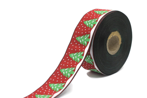 35 mm Red Christmas jacquard ribbons 1.37 inches, pine tree embroidered trim, Christmas trim, Christmas jacquards, Christmas border, 35482