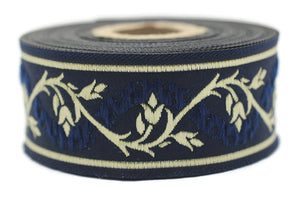 35 mm Blue/Gold Tulips embroidered jacquard Ribbons (1.37 inches), Jacquard trim, craft supplies, collar supply, sewing trim, 35094