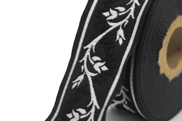 35 mm Silver/Black Tulips embroidered jacquard Ribbons (1.37 inches), Jacquard trim, craft supplies, collar supply, sewing trim, 35094