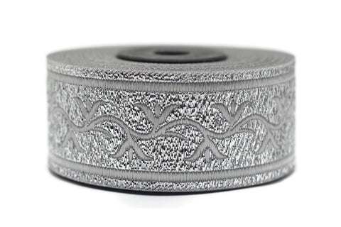 35 mm Silver ivy Jacquard ribbon, (1.37 inches), trim by the yard, Embroidered ribbon, Sewing trim, Scroll Jacquard trim, 35073