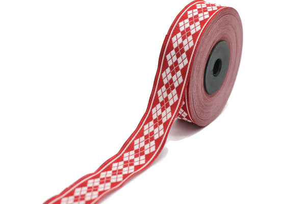 22 mm Red Baklava Embroidered Jacquard Ribbon Trim (0.86 inches), Woven Border, Upholstery Fabric, Drapery Ribbon Trim Costume Design BKV