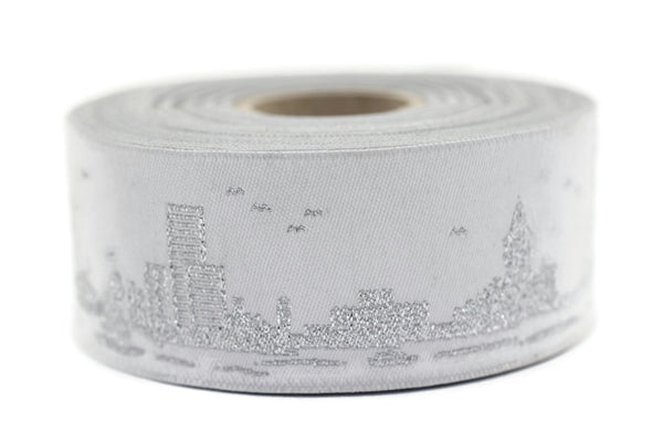 35 mm Silver Istanbul Embroidered Jacquard Ribbon (1.37 inches), Woven Border, Upholstery Fabric, Drapery Ribbon Trim Costume Design 35079