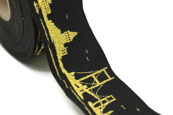 35mm Gold&Black Istanbul Embroidered Jacquard Ribbon (1.37 inches),Woven Border, Upholstery Fabric, Drapery Ribbon Trim Costume Design 35079