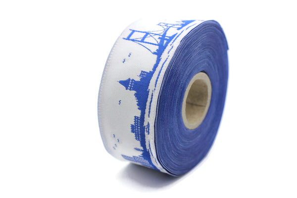 35mm Blue&White Istanbul Embroidered Jacquard Ribbon (1.37 inches),Woven Border, Upholstery Fabric, Drapery Ribbon Trim Costume Design 35079