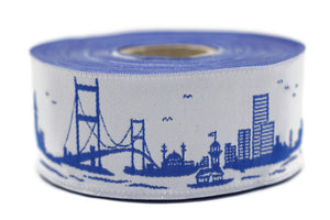 35mm Blue&White Istanbul Embroidered Jacquard Ribbon (1.37 inches),Woven Border, Upholstery Fabric, Drapery Ribbon Trim Costume Design 35079