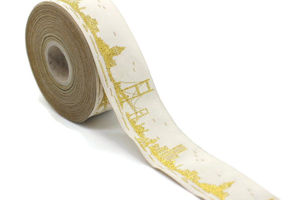 35 mm Gold Istanbul Embroidered Jacquard Ribbon (1.37 inches), Woven Border, Upholstery Fabric, Drapery Ribbon Trim Costume Design 35079