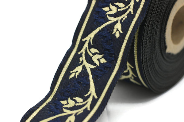 35 mm Blue/Gold Tulips embroidered jacquard Ribbons (1.37 inches), Jacquard trim, craft supplies, collar supply, sewing trim, 35094