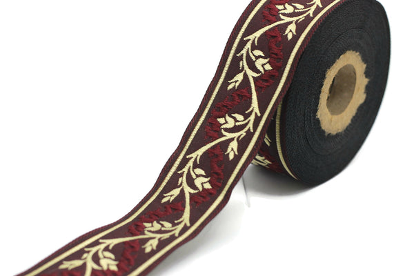 35 mm Claret Red/Gold Tulips embroidered jacquard Ribbons (1.37 inches), Jacquard trim, craft supplies, collar supply, sewing trim, 35094
