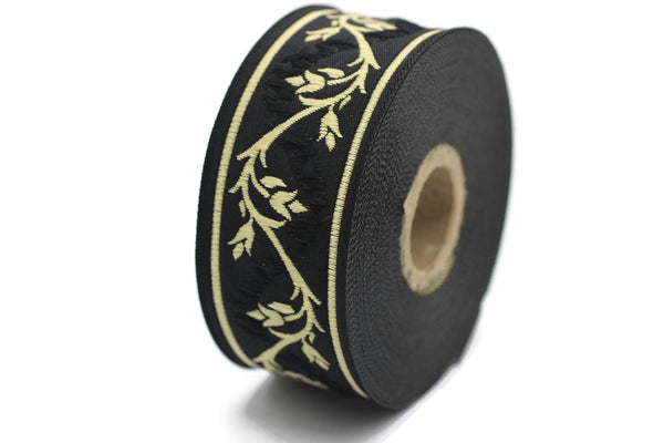 35 mm Black/Gold Tulips embroidered jacquard Ribbons (1.37 inches), Jacquard trim, craft supplies, collar supply, sewing trim, 35094