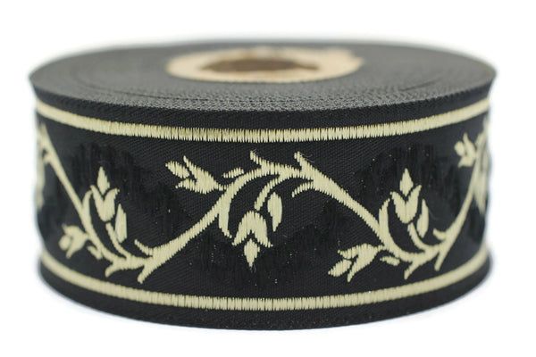 35 mm Black/Gold Tulips embroidered jacquard Ribbons (1.37 inches), Jacquard trim, craft supplies, collar supply, sewing trim, 35094