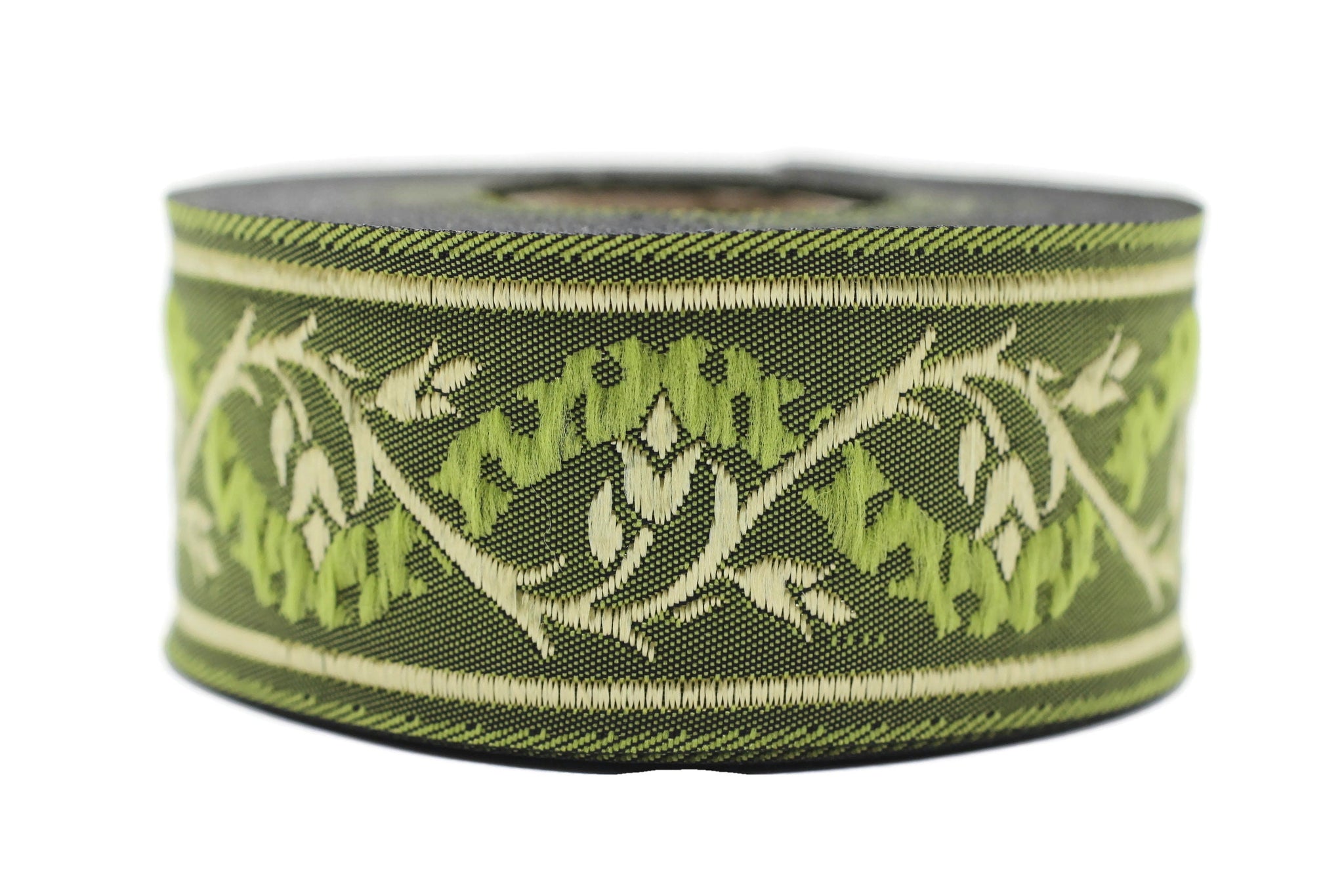 35 mm Green/Gold Tulips embroidered jacquard Ribbons (1.37 inches), Jacquard trim, craft supplies, collar supply, sewing trim, 35094