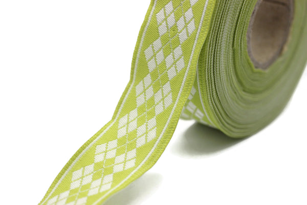 22 mm Green Baklava Embroidered Jacquard Ribbon Trim (0.86 inches), Woven Border, Upholstery Fabric, Drapery Ribbon Trim Costume Design BKV