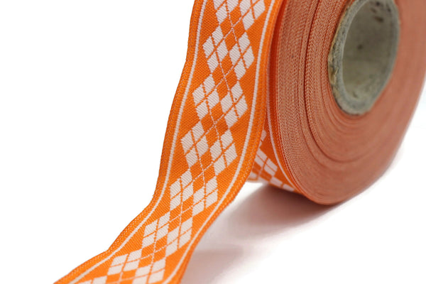 22 mm Orange Baklava Embroidered Jacquard Ribbon Trim (0.86 inches), Woven Border, Upholstery Fabric, Drapery Ribbon Trim Costume Design BKV