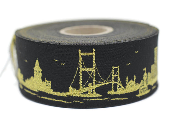 35mm Gold&Black Istanbul Embroidered Jacquard Ribbon (1.37 inches),Woven Border, Upholstery Fabric, Drapery Ribbon Trim Costume Design 35079