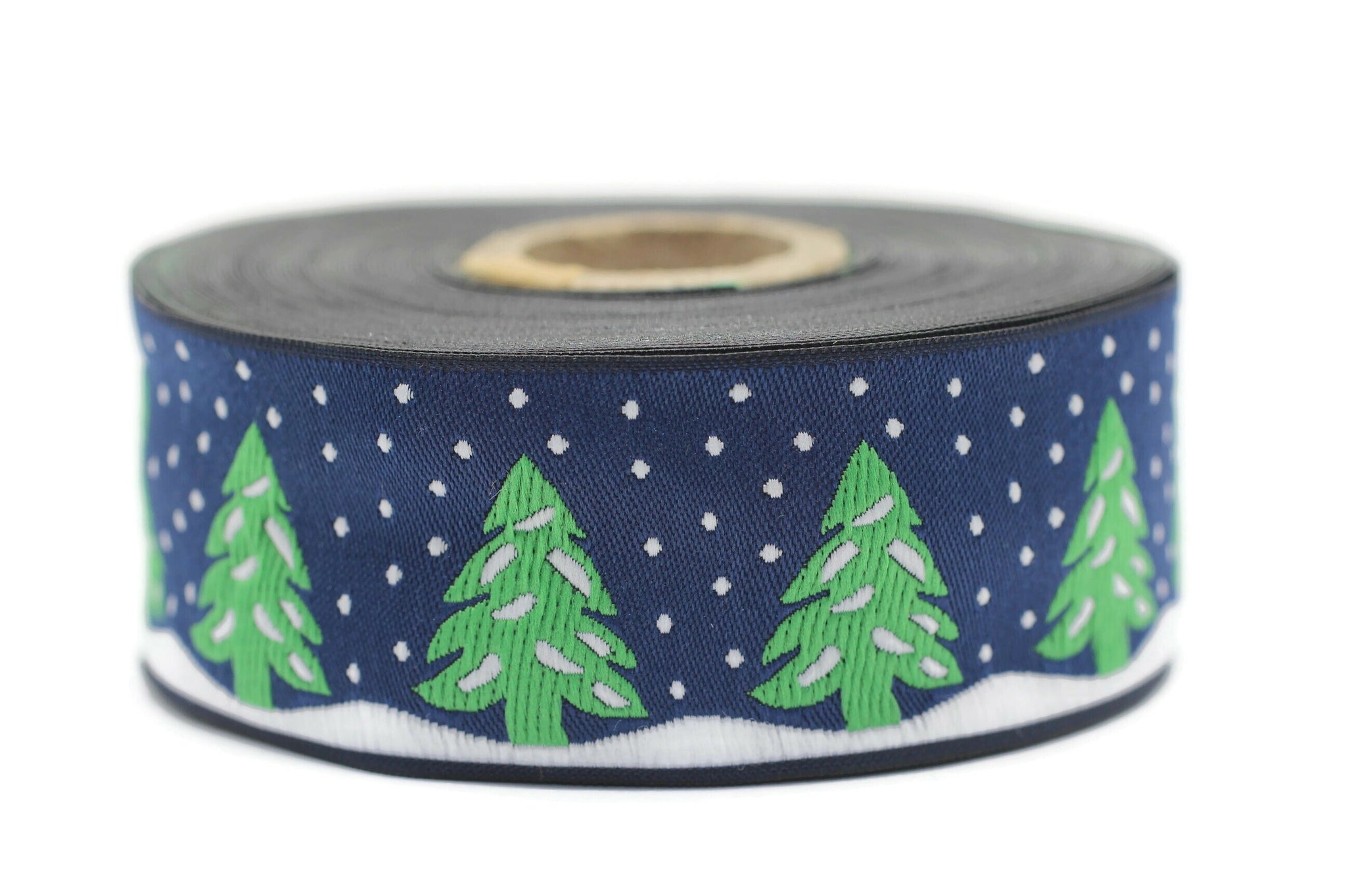 35 mm Blue Christmas jacquard ribbons 1.37 inches, pine tree embroidered trim, Christmas trim, Christmas jacquards, Christmas border, 35482