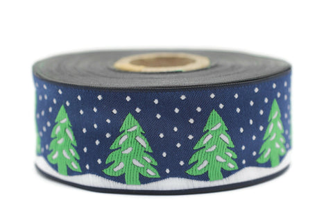 35 mm Blue Christmas jacquard ribbons 1.37 inches, pine tree embroidered trim, Christmas trim, Christmas jacquards, Christmas border, 35482