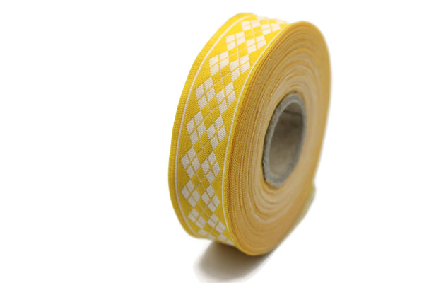 22 mm Yellow Baklava Embroidered Jacquard Ribbon Trim (0.86 inches), Woven Border, Upholstery Fabric, Drapery Ribbon Trim Costume Design BKV
