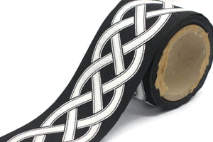68 mm Black-White Celtic Knot Jacquard Ribbon for Drapery (2.67 inch), Trim Tape Border for Sewing Quilting Bridal Costumes, 177 V7