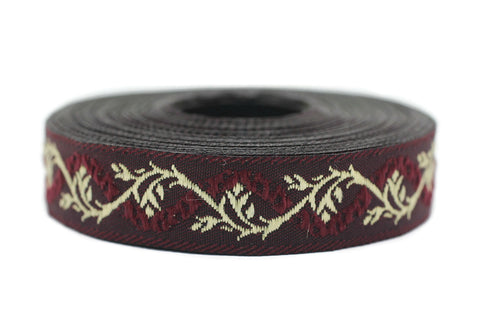 16 mm Claret Red&Gold Tulips embroidered jacquard Ribbons (0.62 inches), Jacquard trim, craft supplies, collar supply, sewing trim, 16094