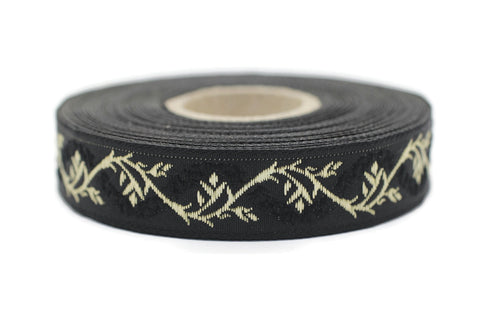 16 mm Black&Gold Tulips embroidered jacquard Ribbons (0.62 inches), Jacquard trim, craft supplies, collar supply, sewing trim, 16094