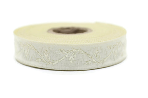 16 mm Cream Tulips embroidered jacquard Ribbons (0.62 inches), Jacquard trim, craft supplies, collar supply, sewing trim, 16094