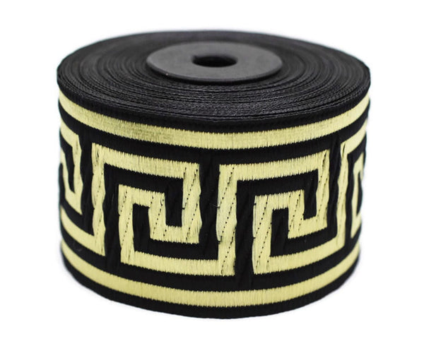 50 mm Black/Golden Greek key ribbon, Jacquard trims (1.96 inches), vintage ribbons, Decorative ribbons, Sewing trim, Jacquard ribbons, 50062