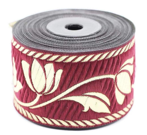 50 mm Gold&claret red Jacquard ribbons, Tulips ribbons 1.96 inches, Jacquard trim, Sewing trims, woven ribbons, embroidered ribbons